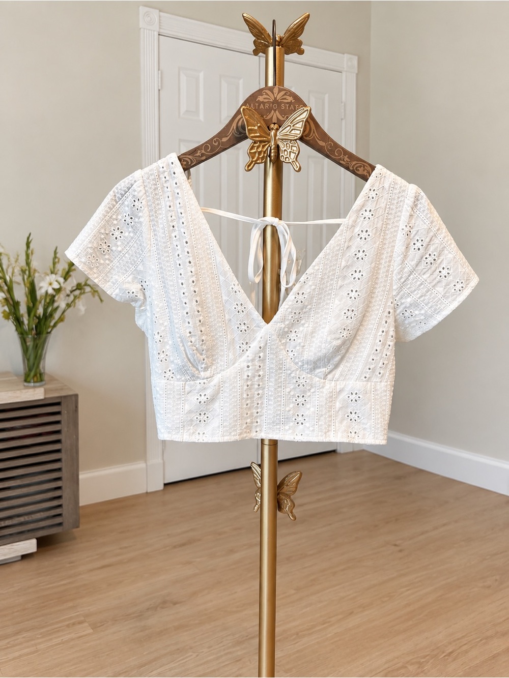 Altar’d State Nalia Eyelet Flutter Sleeve Crop Top White